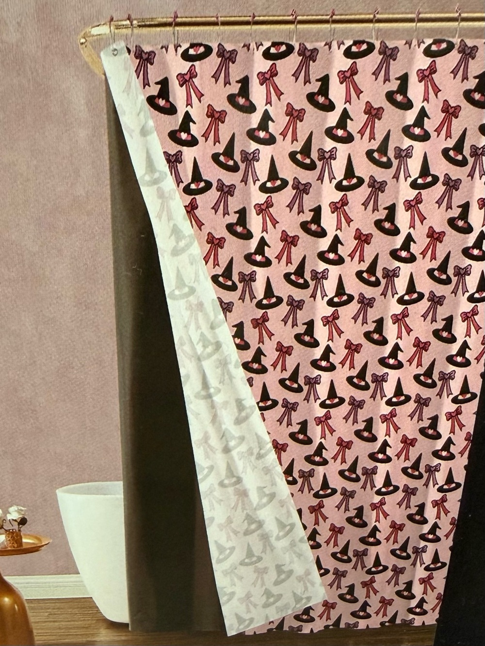 Betsey Johnson Shower Curtain Set Halloween Pink w/Black Witch Hats & Bows NWT